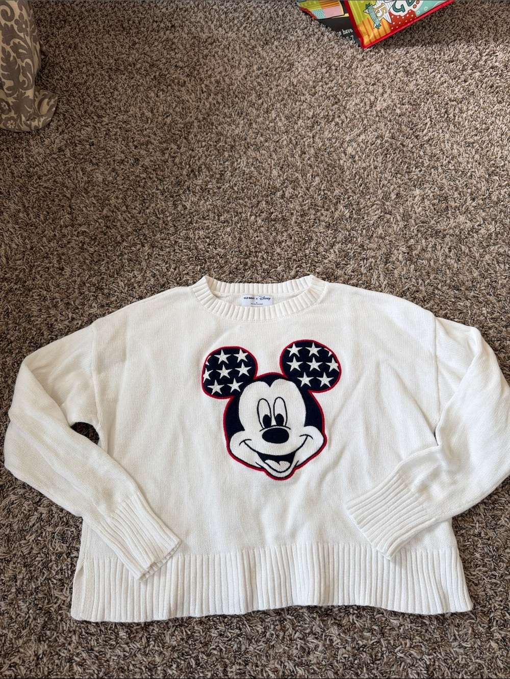 Old Navy + Disney White Crewneck Sweater with Navy and Red Mickey Applique